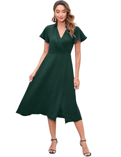 Damen Kleid Kurzarm V-Ausschnitt A-Linie Sommerkleid Casual Rüschenärmel Stehkragen Split Midikleid, Dunkelgrün, L von YesPerfect
