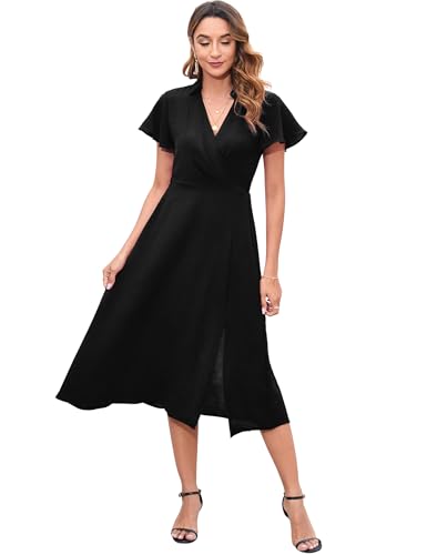 Damen Kleid Kurzarm V-Ausschnitt A-Linie Sommerkleid Casual Rüschenärmel Stehkragen Split Midikleid, Schwarz, S von YesPerfect