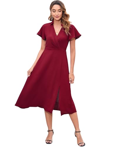 Damen Kleid Kurzarm V-Ausschnitt A-Linie Sommerkleid Casual Rüschenärmel Stehkragen Split Midikleid, Weinrot, XL von YesPerfect