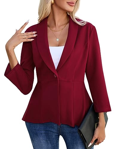 YesPerfect Damen Blazer 3/4 Arm Jacke Revers Blazer Sakko Rüschen Elegante Blazerjacke Knopfleisten Outwear Einfarbig Büro Bolero Jacke (Verpackung MEHRWEG), B-Weinrot, S von YesPerfect