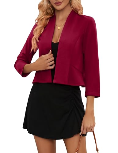 YesPerfect Damen Blazer Elegant 3/4 Arm Business Longblazer Slim Fit Sportlich Blazer Sakko Casual Büro Jacke Arbeit Blazer Anzug S-2XL,L,Winerot von YesPerfect