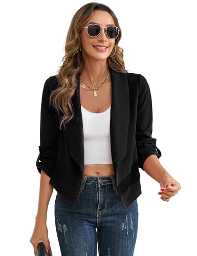 YesPerfect Damen Blazer Elegant 3/4 Arm Business Slim Fit Revers B ro Casual Arbeit Jacke, Schwarz, S von YesPerfect