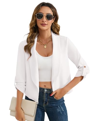 YesPerfect Damen Blazer Elegant 3/4 Arm Business Slim Fit Revers B ro Casual Arbeit Jacke, Weiß, S von YesPerfect