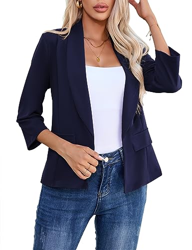 YesPerfect Damen Blazer elegant Lange Open Front Bolero Cardigan Business Casual Slim Fit Jacke（Verpackung MEHRWEG） Navy Blau L von YesPerfect