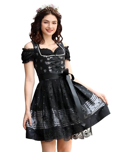 YesPerfect Damen Dirndl Set 3tlg. Midi Dirndl-Komplettsets Trachtenmode Mit SchüRze, Bluse, Kleid, B-Schwarz, 36 von YesPerfect