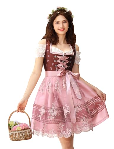 YesPerfect Damen Dirndl Set 3tlg. Midi Dirndl-Komplettsets Trachtenmode Mit SchüRze, Bluse, Kleid, B-Weinrot, 34 von YesPerfect