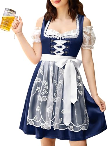YesPerfect Damen Dirndl Set 3tlg. Midi Dirndl-Komplettsets Trachtenmode Mit SchüRze, Bluse, Kleid, C-Dunkelblau, 42 von YesPerfect