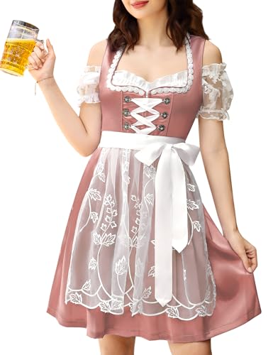 YesPerfect Damen Dirndl Set 3tlg. Midi Dirndl-Komplettsets Trachtenmode Mit SchüRze, Bluse, Kleid, C-Rosa, 42 von YesPerfect