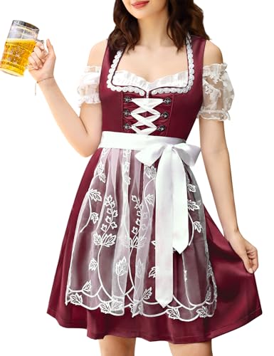 YesPerfect Damen Dirndl Set 3tlg. Midi Dirndl-Komplettsets Trachtenmode Mit SchüRze, Bluse, Kleid, C-Weinrot, 42 von YesPerfect