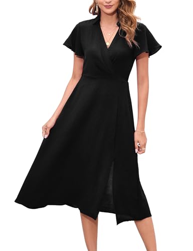 YesPerfect Damen Kleid Kurzarm Freizeitkleid V-Ausschnitt Midikleid Elegant Knielang Tunika Kleid A-Linie Split Stehkragenkleid, A-Schwarz, L von YesPerfect