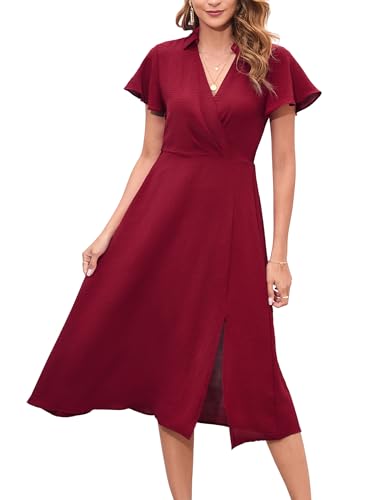 YesPerfect Damen Kleid Kurzarm Freizeitkleid V-Ausschnitt Midikleid Elegant Knielang Tunika Kleid A-Linie Split Stehkragenkleid, A-Weinrot, S von YesPerfect