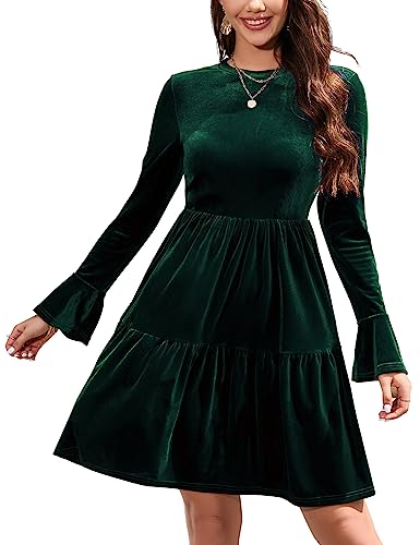 YesPerfect Damen Kleid Langarm Samtkleid Rundausschnitt Swing Kleid Knielang Hohe Taille Midikleid A-Linie Elegante Freizeitkleid (Verpackung MEHRWEG), A-Dunkelgrün, XXL von YesPerfect