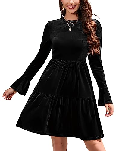 YesPerfect Damen Kleid Langarm Samtkleid Rundausschnitt Swing Kleid Knielang Hohe Taille Midikleid A-Linie Elegante Freizeitkleid (Verpackung MEHRWEG), A-Schwarz, S von YesPerfect