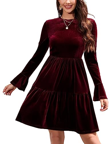 YesPerfect Damen Kleid Langarm Samtkleid Rundausschnitt Swing Kleid Knielang Hohe Taille Midikleid A-Linie Elegante Freizeitkleid (Verpackung MEHRWEG), A-Weinrot, XL von YesPerfect