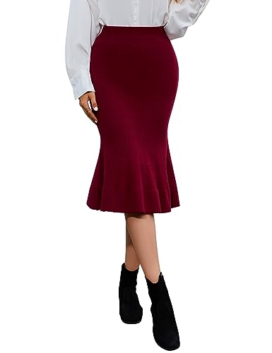 YesPerfect Damen Rock Elegant Midirock Stretch Rockabilly Röcke Casual Bodycon Freizeitrock（Verpackung MEHRWEG） Weinerot S von YesPerfect