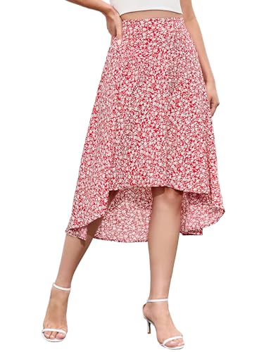 YesPerfect Damen Rock Hoher Taille Plisseerock A-Linie Faltenrock Floral Wickelrock Midirock Boho Blumenrock Sommerrock, B-Rot, L von YesPerfect