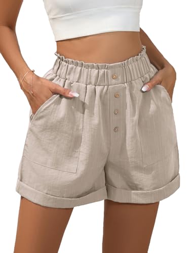 YesPerfect Damen Shorts mit Taschen Einfarbig Locker Kurze Hose High Waist Knopfleisten Breites Bein Shorts mit Elastischer Taille, Khaki, XL von YesPerfect