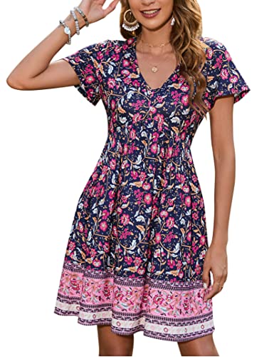 YesPerfect Damen Sommerkleid kurz Kleider Blumen Kleid Kurzarm Minikleid V-Ausschnitt A-Linie Kleid Boho Freizeitkleid Elegant Strandkleid (Verpackung MEHRWEG), B-Dunkelblau, L von YesPerfect