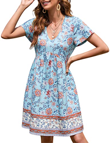 YesPerfect Damen Sommerkleid kurz Kleider Blumen Kleid Kurzarm Minikleid V-Ausschnitt A-Linie Kleid Boho Freizeitkleid Elegant Strandkleid (Verpackung MEHRWEG), B-Hellblau, XL von YesPerfect