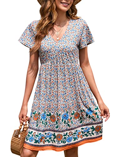 YesPerfect Damen Sommerkleid kurz Kleider Blumen Kleid Kurzarm Minikleid V-Ausschnitt A-Linie Kleid Boho Freizeitkleid Elegant Strandkleid (Verpackung MEHRWEG), B-Orange, L von YesPerfect