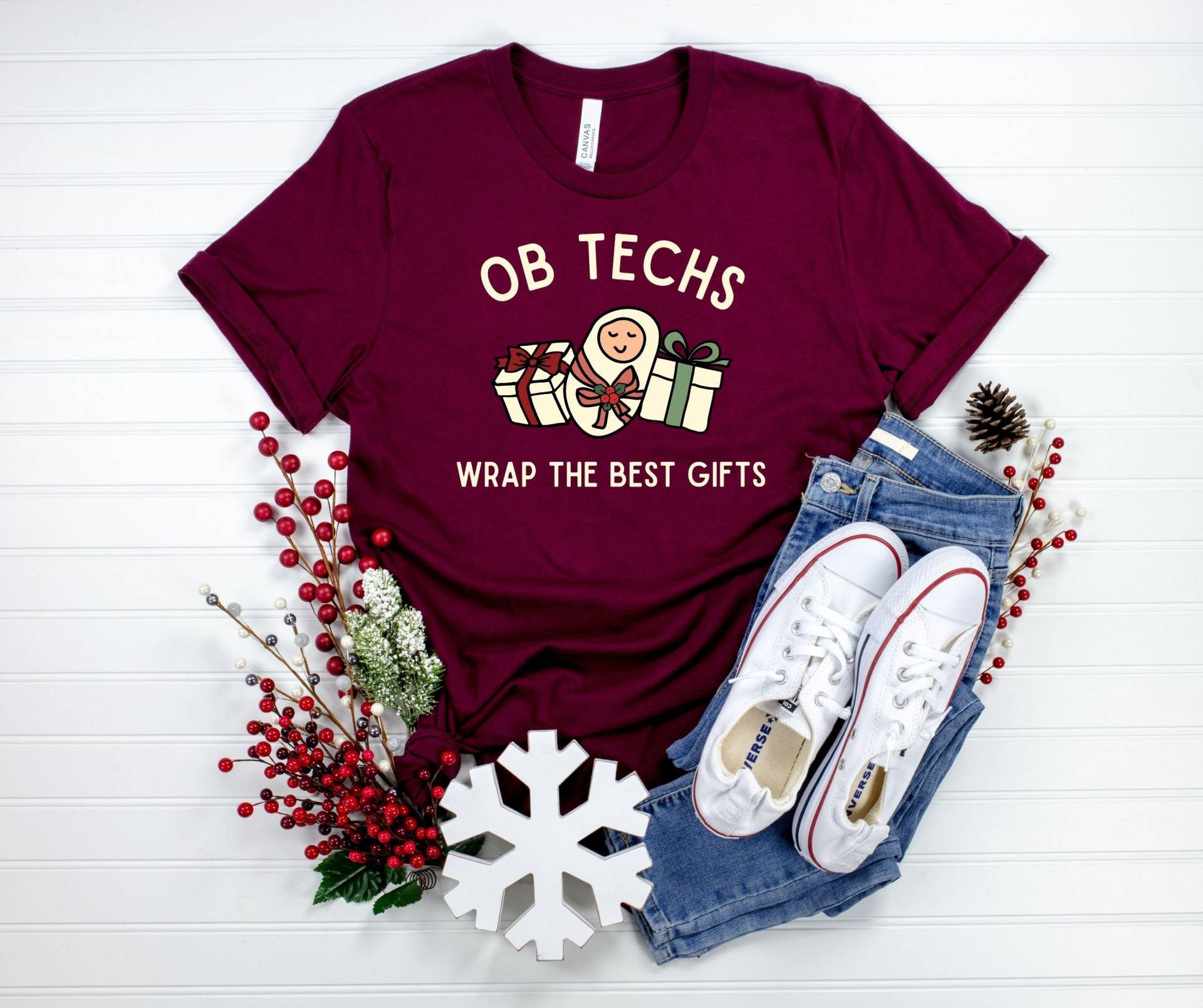 Ob Tech Weihnachts Shirt, Tshirt Für L Und D Krankenschwestern, Mutter Baby Urlaub Shirt, L&d Krankenschwester Arbeit Lieferung Techs T-Shirt von YesYesYallApparel