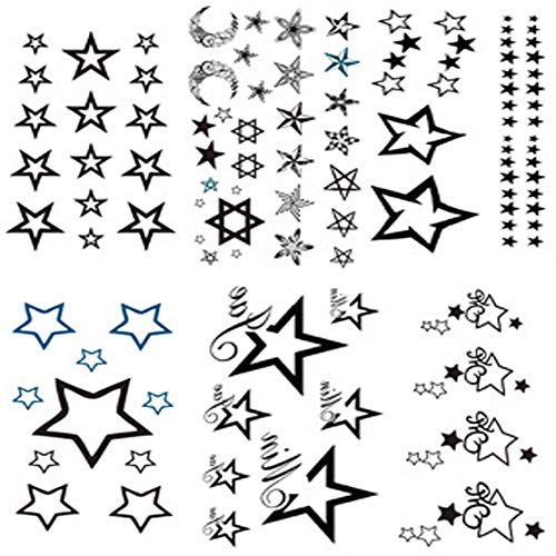 Yesallwas 6 Blatt Schwarz Stars Temporäre Tattoos Frauen Männer Erwachsene, Mond Stern Fake temporär Tattoo-Bogen - 10,5 x 6,5 cm von Yesallwas