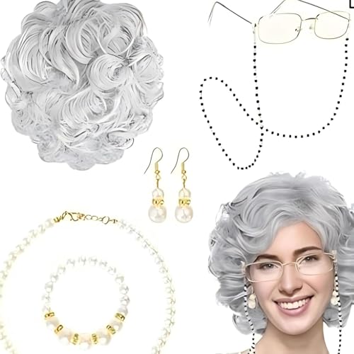 Yesay Oma Kostüm Komplettset mit Perücke - Graue Oma Perücke mit Vintage Brille & Perlenschmuck für Damen und Kinder, Altfrau Verkleidung für Halloween & Cosplay Yesay Oma Kostüm Komplettset mit Perücke - Graue Oma Perücke mit Vintage Brille & Perlenschmuck für Damen und Kinder, Altfrau Verkleidung für Halloween & Cosplay von Yesay
