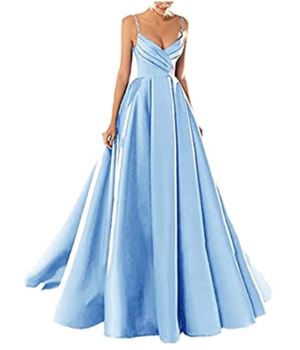 Yesgirl Abendkleid Damen Elegant Lange Ballkleider Satin A-Linie Cocktailkleider Hochzeit Festtagskleid Sexy Spaghetti Brautkleid V-Ausschnitt Prinzessin Maxikleid A Blau1 S von Yesgirl