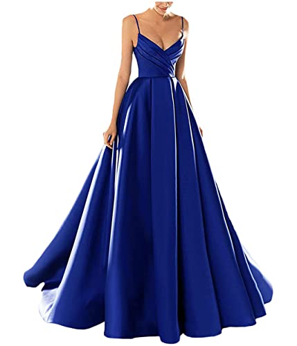 Yesgirl Abendkleid Damen Elegant Lange Ballkleider Satin A-Linie Cocktailkleider Hochzeit Festtagskleid Sexy Spaghetti Brautkleid V-Ausschnitt Prinzessin Maxikleid A Blau3 S von Yesgirl