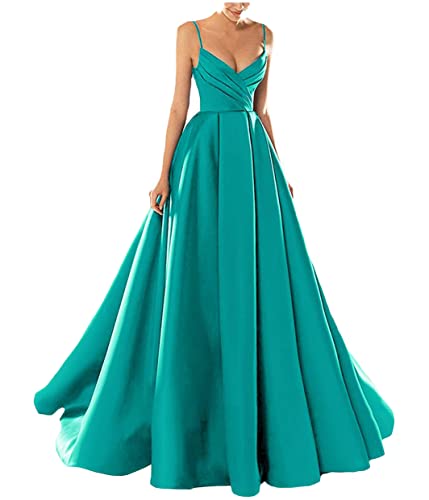 Yesgirl Abendkleid Damen Elegant Lange Ballkleider Satin A-Linie Cocktailkleider Hochzeit Festtagskleid Sexy Spaghetti Brautkleid V-Ausschnitt Prinzessin Maxikleid A Blau5 L von Yesgirl