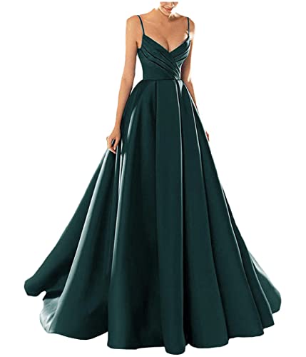 Yesgirl Abendkleid Damen Elegant Lange Ballkleider Satin A-Linie Cocktailkleider Hochzeit Festtagskleid Sexy Spaghetti Brautkleid V-Ausschnitt Prinzessin Maxikleid A Blau7 S von Yesgirl