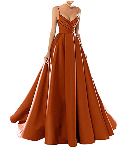 Yesgirl Abendkleid Damen Elegant Lange Ballkleider Satin A-Linie Cocktailkleider Hochzeit Festtagskleid Sexy Spaghetti Brautkleid V-Ausschnitt Prinzessin Maxikleid A Braun S von Yesgirl