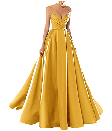 Yesgirl Abendkleid Damen Elegant Lange Ballkleider Satin A-Linie Cocktailkleider Hochzeit Festtagskleid Sexy Spaghetti Brautkleid V-Ausschnitt Prinzessin Maxikleid A Gelb2 3XL von Yesgirl