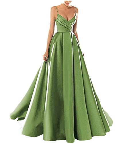 Yesgirl Abendkleid Damen Elegant Lange Ballkleider Satin A-Linie Cocktailkleider Hochzeit Festtagskleid Sexy Spaghetti Brautkleid V-Ausschnitt Prinzessin Maxikleid A Grün2 M von Yesgirl