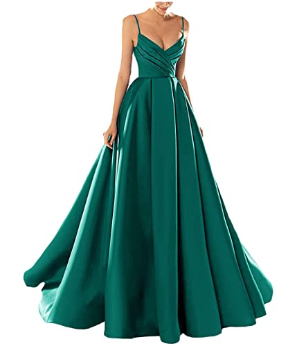 Yesgirl Abendkleid Damen Elegant Lange Ballkleider Satin A-Linie Cocktailkleider Hochzeit Festtagskleid Sexy Spaghetti Brautkleid V-Ausschnitt Prinzessin Maxikleid A Grün4 M von Yesgirl