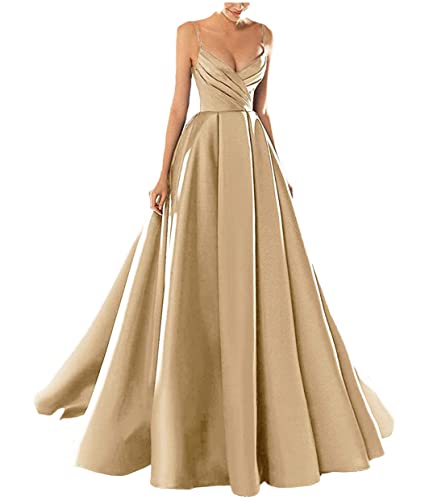 Yesgirl Abendkleid Damen Elegant Lange Ballkleider Satin A-Linie Cocktailkleider Hochzeit Festtagskleid Sexy Spaghetti Brautkleid V-Ausschnitt Prinzessin Maxikleid A Khaki L von Yesgirl