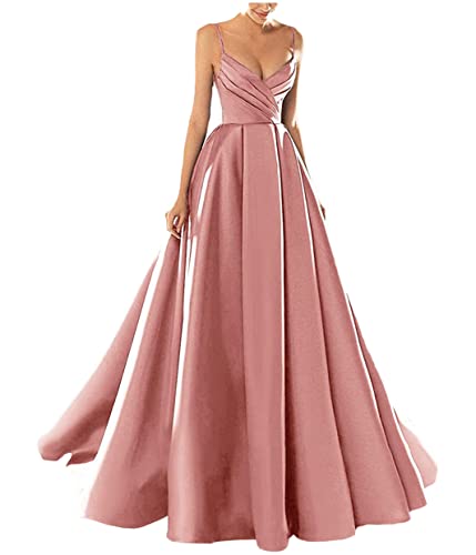 Yesgirl Abendkleid Damen Elegant Lange Ballkleider Satin A-Linie Cocktailkleider Hochzeit Festtagskleid Sexy Spaghetti Brautkleid V-Ausschnitt Prinzessin Maxikleid A Rosa1 S von Yesgirl