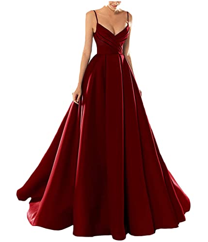 Yesgirl Abendkleid Damen Elegant Lange Ballkleider Satin A-Linie Cocktailkleider Hochzeit Festtagskleid Sexy Spaghetti Brautkleid V-Ausschnitt Prinzessin Maxikleid A Rot3 M von Yesgirl