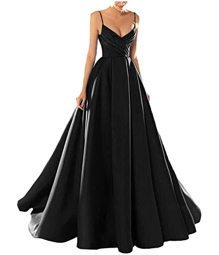 Yesgirl Abendkleid Damen Elegant Lange Ballkleider Satin A-Linie Cocktailkleider Hochzeit Festtagskleid Sexy Spaghetti Brautkleid V-Ausschnitt Prinzessin Maxikleid A Schwarz L von Yesgirl