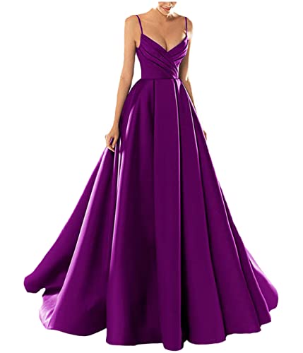 Yesgirl Abendkleid Damen Elegant Lange Ballkleider Satin A-Linie Cocktailkleider Hochzeit Festtagskleid Sexy Spaghetti Brautkleid V-Ausschnitt Prinzessin Maxikleid A Violett4 S von Yesgirl