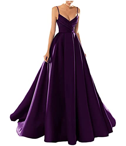 Yesgirl Abendkleid Damen Elegant Lange Ballkleider Satin A-Linie Cocktailkleider Hochzeit Festtagskleid Sexy Spaghetti Brautkleid V-Ausschnitt Prinzessin Maxikleid A Violett5 M von Yesgirl