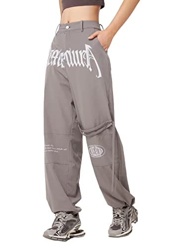 Yesgirl Cargohose Damen Y2K Baggy Lange Hosen Hip Hop Cargohose Weites Bein Track Pants Vintage 90er Streetwear Elastische Low-Taille Hose mit Taschen Teenager Straight Sweathose E Grau M von Yesgirl