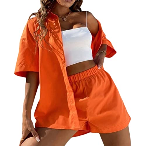 Yesgirl Damen 2 Teilige Outfits Button-Down-Hemd und Shorts Set Leinen Zweiteiliges Trainingsanzug Sets Sommer Casual Sets 2 Stücke Outfits Freizeitanzug Streetwear B Orange2 M von Yesgirl