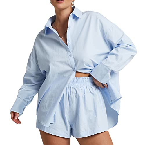 Yesgirl Damen 2 Teilige Outfits Button-Down-Hemd und Shorts Set Leinen Zweiteiliges Trainingsanzug Sets Sommer Casual Sets 2 Stücke Outfits Freizeitanzug Streetwear C Hellblau S von Yesgirl