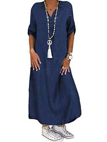 Yesgirl Damen Boho Jeanskleid Sommerkleid Frauen Casual Loose Jeans Kleider V-Ausschnitt Lange Ärmel Einfarbig Faltenrock A-Linie Maxi Denimkleid Tunika Hemd Blusenkleid (3XL, 01 D Dunkelblau) von Yesgirl