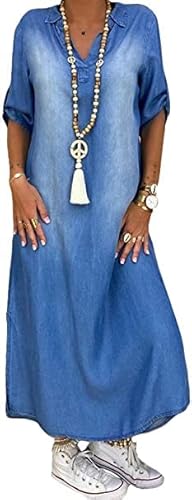 Yesgirl Damen Boho Jeanskleid Sommerkleid Frauen Casual Loose Jeans Kleider V-Ausschnitt Lange Ärmel Einfarbig Faltenrock A-Linie Maxi Denimkleid Tunika Hemd Blusenkleid (XL, D Blau) von Yesgirl