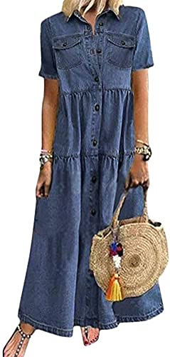 Yesgirl Damen Boho Jeanskleid Sommerkleid Frauen Casual Loose Jeans Kleider V-Ausschnitt Lange Ärmel Einfarbig Faltenrock A-Linie Maxi Denimkleid Tunika Hemd Blusenkleid 01 E Dunkelblau XL von Yesgirl