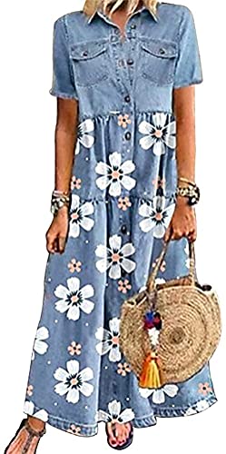 Yesgirl Damen Boho Jeanskleid Sommerkleid Frauen Casual Loose Jeans Kleider V-Ausschnitt Lange Ärmel Einfarbig Faltenrock A-Linie Maxi Denimkleid Tunika Hemd Blusenkleid 02 E Blau XS von Yesgirl