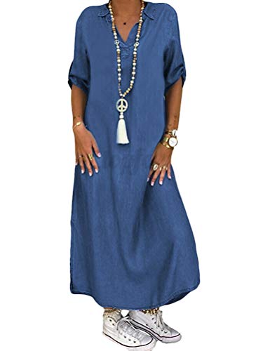 Yesgirl Damen Boho Jeanskleid Sommerkleid Frauen Casual Loose Jeans Kleider V-Ausschnitt Lange Ärmel Einfarbig Faltenrock A-Linie Maxi Denimkleid Tunika Hemd Blusenkleid D Blau 3XL von Yesgirl