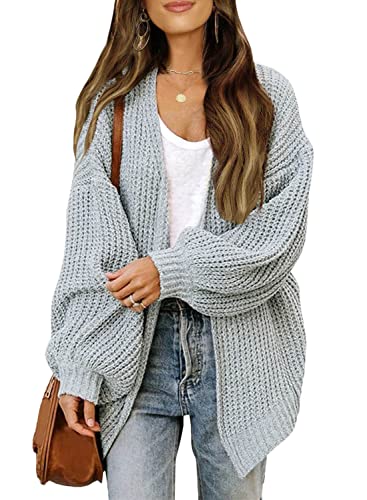 Yesgirl Damen Cardigan Langarm Strickjacke Strickpullover Elegant Strick Mantel Open Front Grobstrick Sweater Cardigan Outwear Strickmantel Strickcardigan A Hellgrau L von Yesgirl